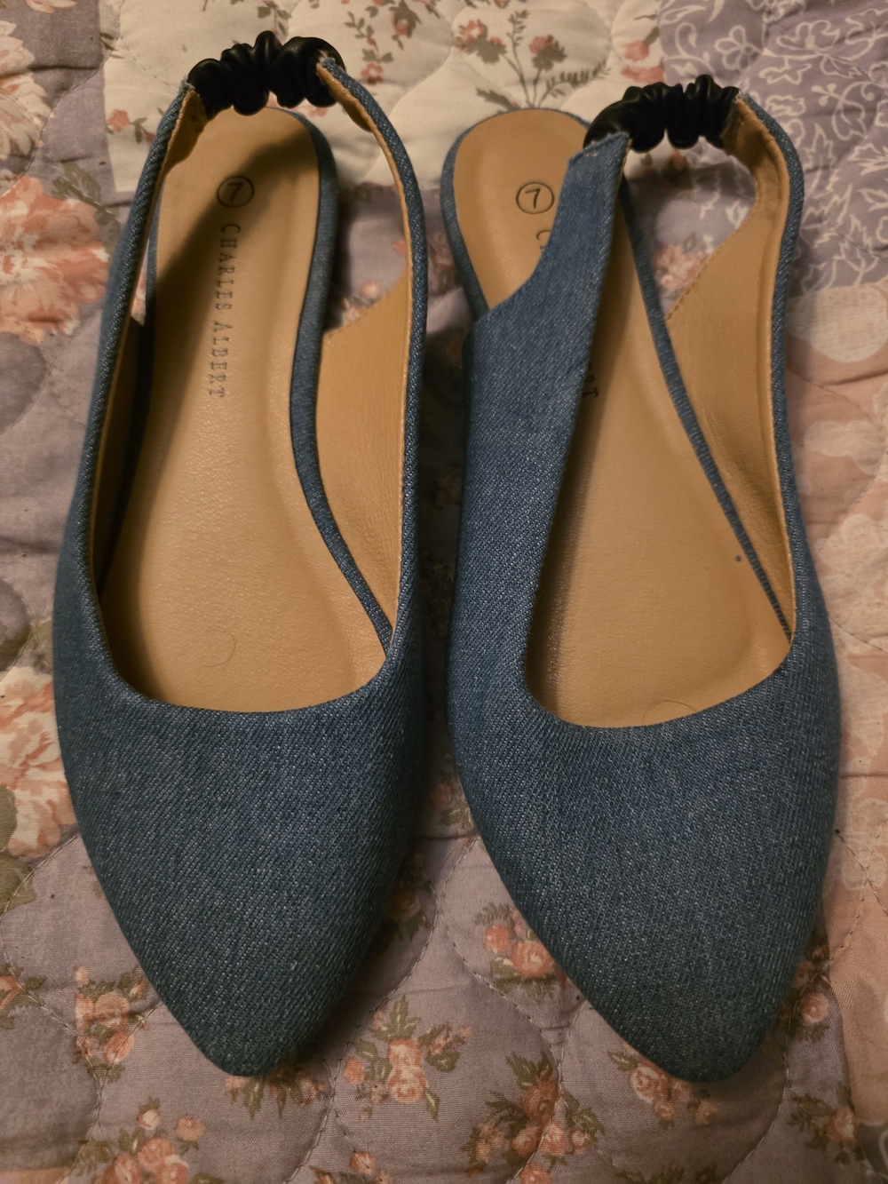 Charles Albert Denim-Textured Pointed Slingback Flats in Blue